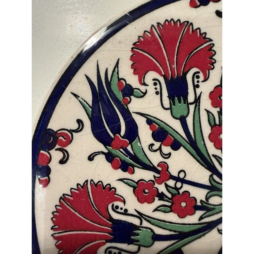 Turkish Ceramic Trivet Hot Pad Red Tulip Floral Design 6.25
